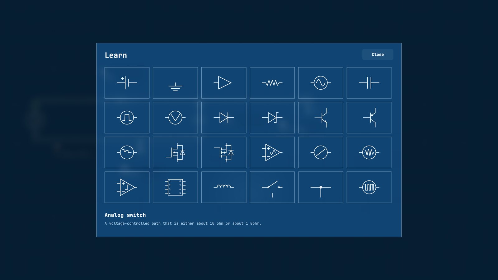 The Learn library, a grid of component symbols, with the analog switch selected.